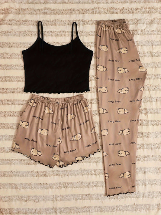 Adorable Bear & Letter Print Pajama Set - Soft, Relaxed Fit, Round Neck, Backless Crop Cami Top, Shorts & Pants, Comfortable Sleepwear for Women - Cute, Cozy, and Stylish Nightwear