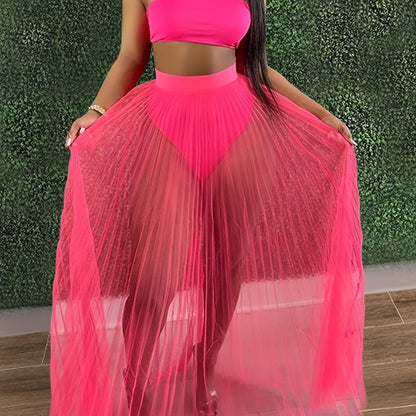 Chic Womens 3-Piece Swimsuit Set - Flattering Bandeau Bikini with Fishnet Cover-Up Maxi Dress & Party Skirt - Beach to Club Fashion Must-Have