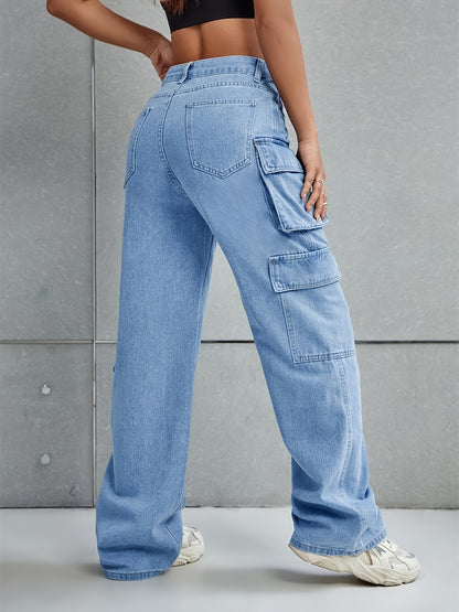 Plain Flap Pockets Cargo Pants, Loose Fit Non-Stretch Y2K & Kpop Style Straight Jeans, Women's Denim Jeans & Clothing