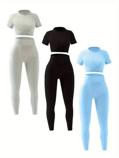 3 2-piece Sports Sets, Stretchy Crop Tops And Leggings, Women's Seamless High Elasticity Gym Yoga Outfits