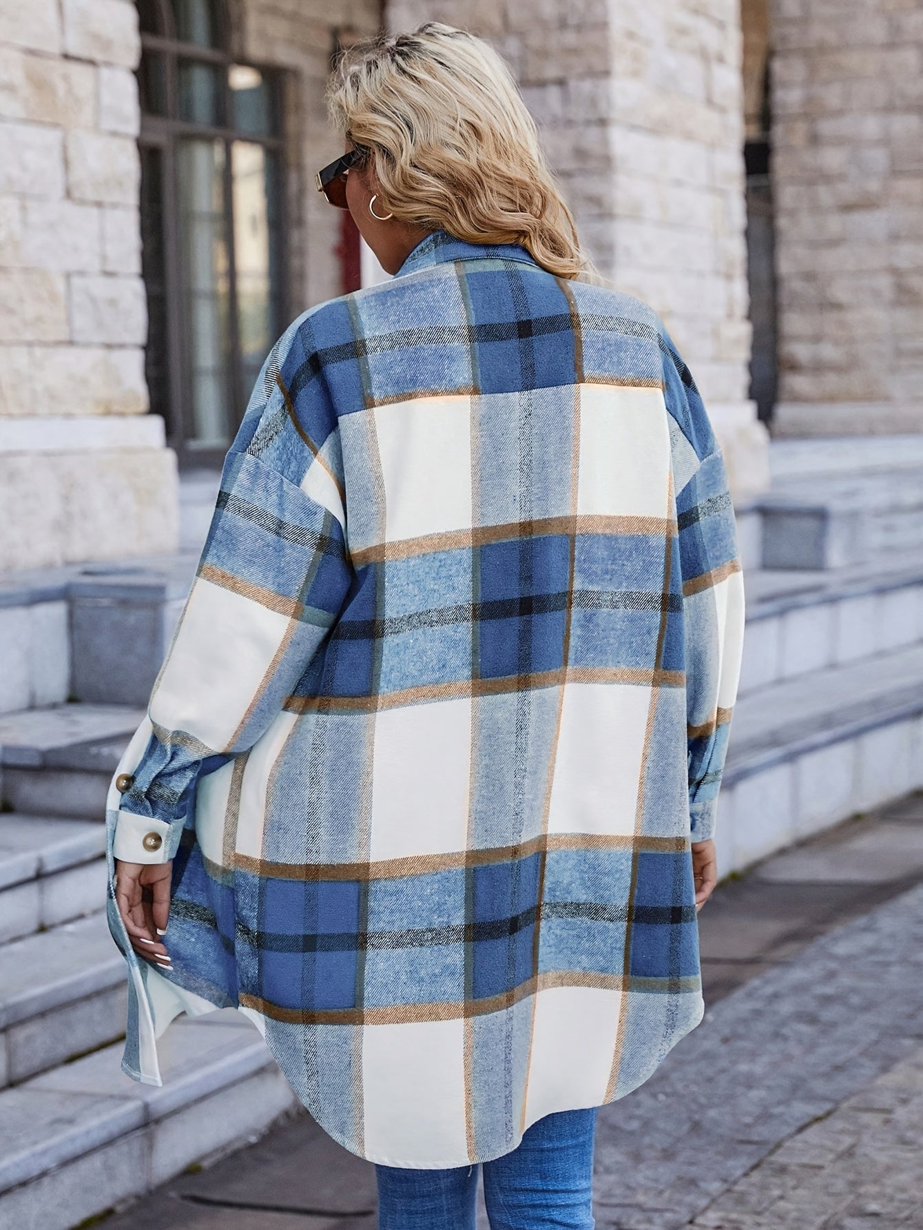 1pc Women'S Casual Plaid Lapel Long Sleeve Jacket - Polyester Woven Shirt-Style Outerwear with Button Details for All Seasons