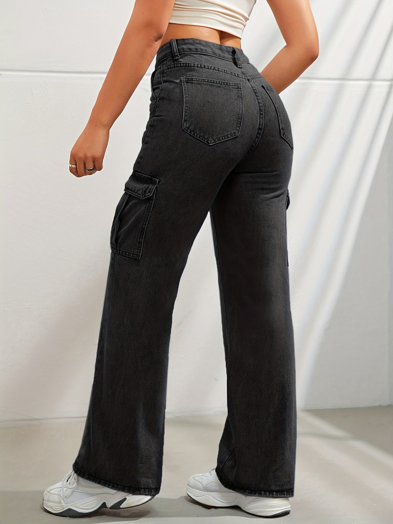 Side Flap Pocket High Waist Denim Cargo Pants, Light Washed Casual Slash Pocket Cargo Jeans, Kpop Y2K, Women's Denim Jeans & Clothing