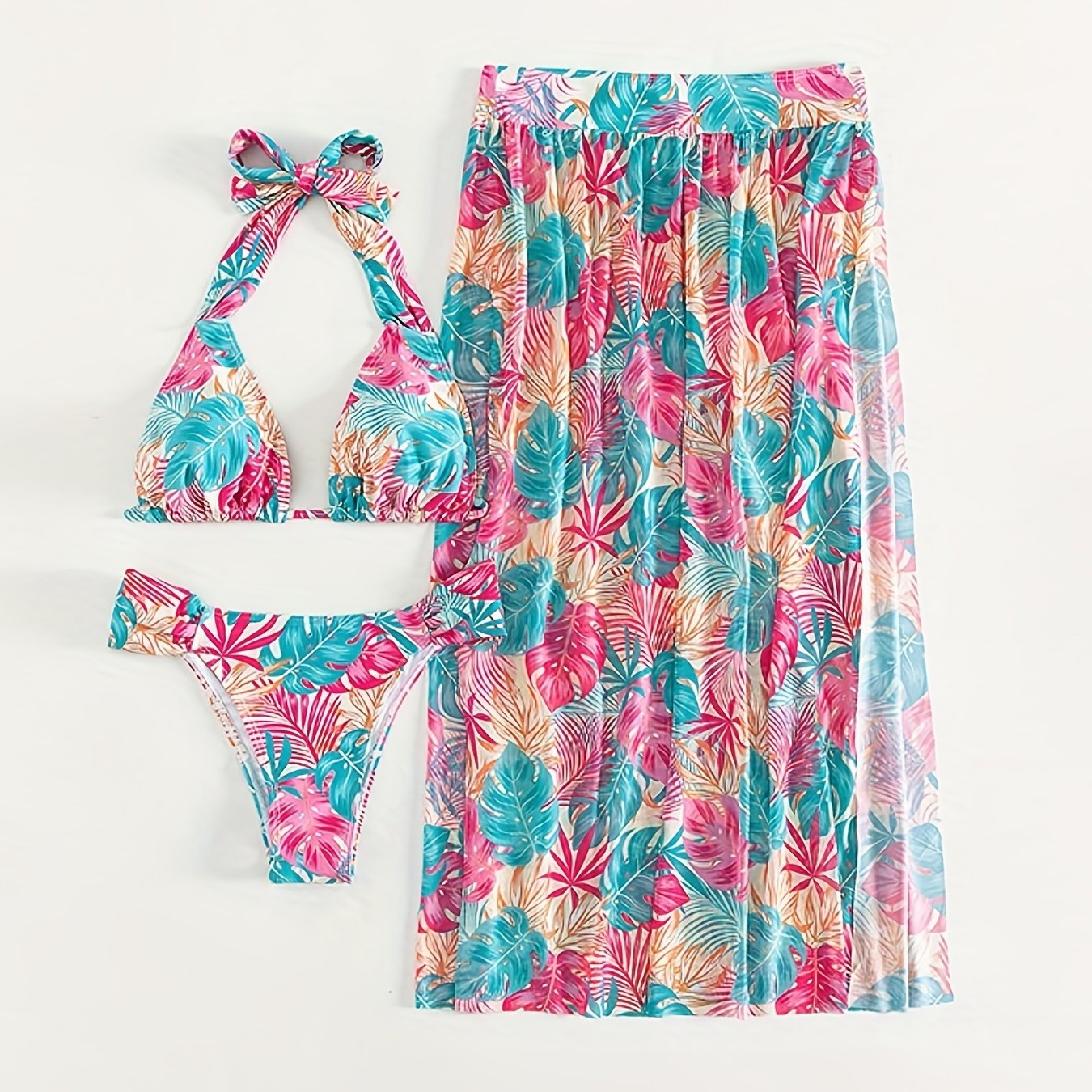 Leaf Print High Stretch Vacay 3 Piece Set Bikini & Cover Up Skirt, Halter Triangle Stylish Swimsuits, Women's Swimwear & Clothing
