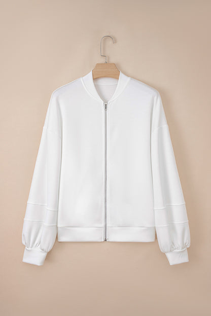 White Solid Color Zip Up Knit Puff Sleeve Jacket