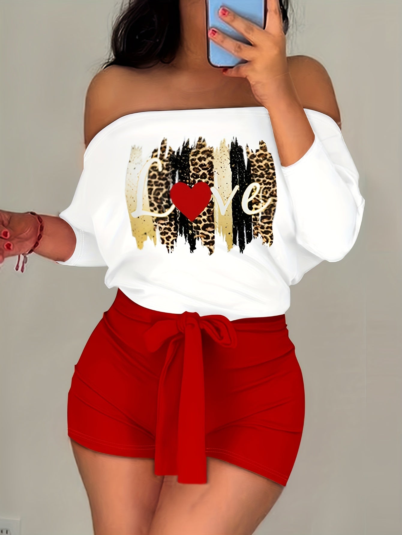 Women'S Off-Shoulder Rose Print Jumpsuit, Polyester Knit Fabric, 97% Polyester 3% Elastane, All-Season Short Romper with Tie Waist, Cartoon Pattern, 180g/m² - Adult Fashion