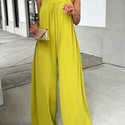 Solid Color Wide Leg Jumpsuit, Casual Pintuck Sleeveless Tank Jumpsuit For Spring & Summer, Women's Clothing
