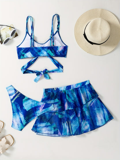 Women'S 3pcs Bikini Set with Skirt, Y0056, Polyester 82% Elastane 18%, Spaghetti Strap, Random Print, High Stretch Knit Fabric, Lace-Up Detail, Swimwear