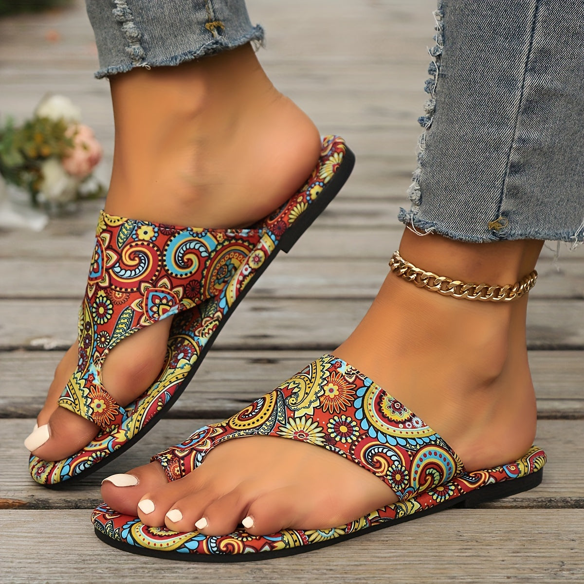 Vibrant Boho Chic Flat Sandals - Colorful Patterned, Summer Fashion, Slip-On, Casual, Open Toe, Beach Footwear with Soft Insole and Adjustable Ankle Strap for Women