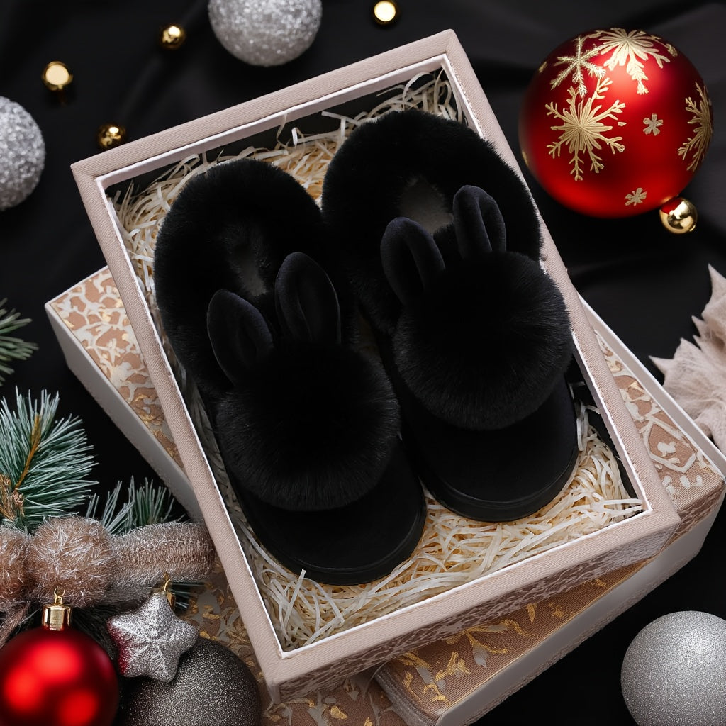2025 Couples Slippers for Women & Men - Winter Warm Single Ball Design with Cute Rabbit-Ear Accents | Thick Sole Soft-Sole House Shoes | Cozy Solid-Color Indoor/Outdoor Slides | Lightweight Quiet Home Footwear