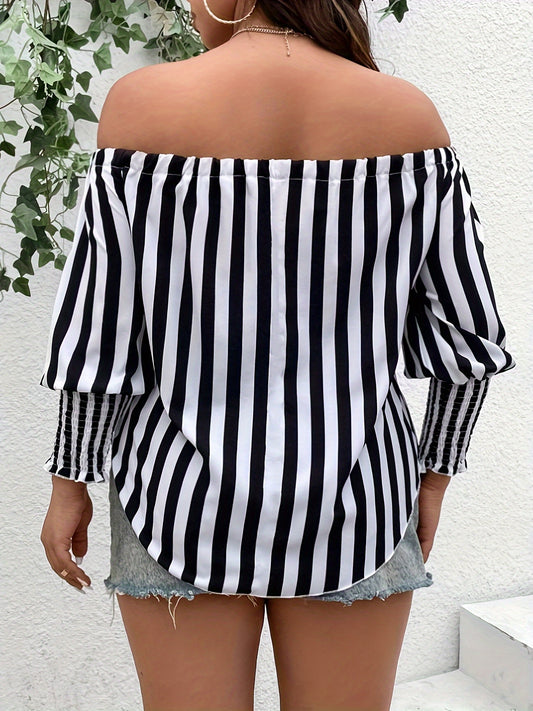 Chic Off Shoulder Blouse - Elegant Striped Print, Tie Front Design, Flowy Silhouette, Perfect for Spring & Fall, Women's Fashion Clothing for Everyday Wear