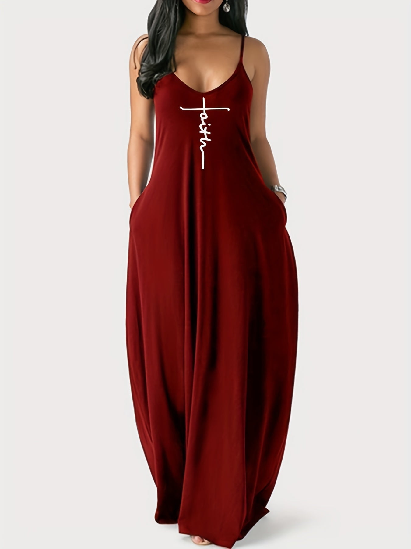 Faith Print Backless Dress, Casual Spaghetti Strap V Neck Loose Dress, Women's Clothing