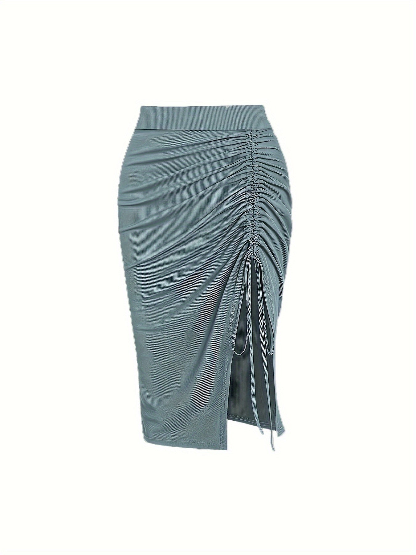Solid Ruched Drawstring Split Skirt, Casual Bodycon Stretchy Skirt For Spring & Summer, Women's Clothing