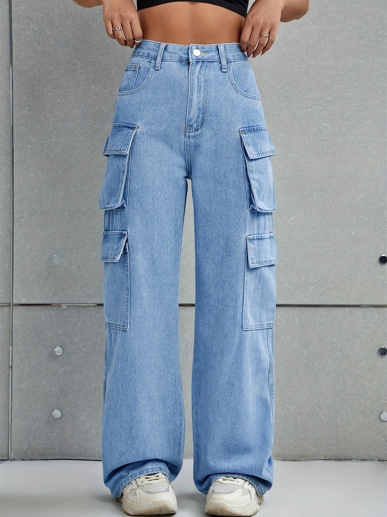 Plain Flap Pockets Cargo Pants, Loose Fit Non-Stretch Y2K & Kpop Style Straight Jeans, Women's Denim Jeans & Clothing