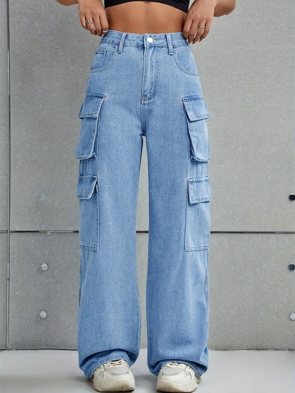 Plain Flap Pockets Cargo Pants, Loose Fit Non-Stretch Y2K & Kpop Style Straight Jeans, Women's Denim Jeans & Clothing