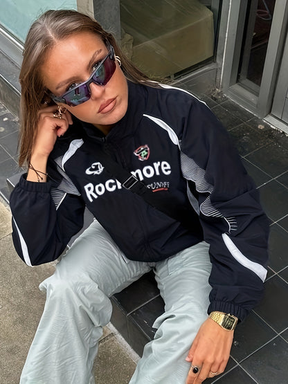 Retro Streetwear-Inspired Women's Casual Jacket - Loose Fit, High Neck Zip-Up With Vintage Print Design For Fall/Winter