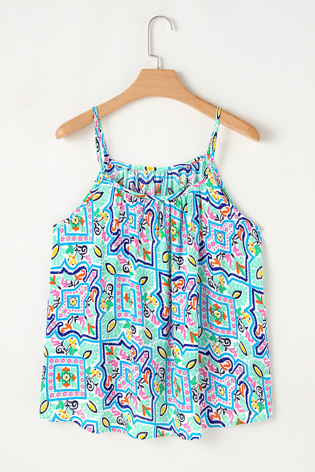 White Rhinestone Boho Floral Printed Spaghetti Strap Tank Top