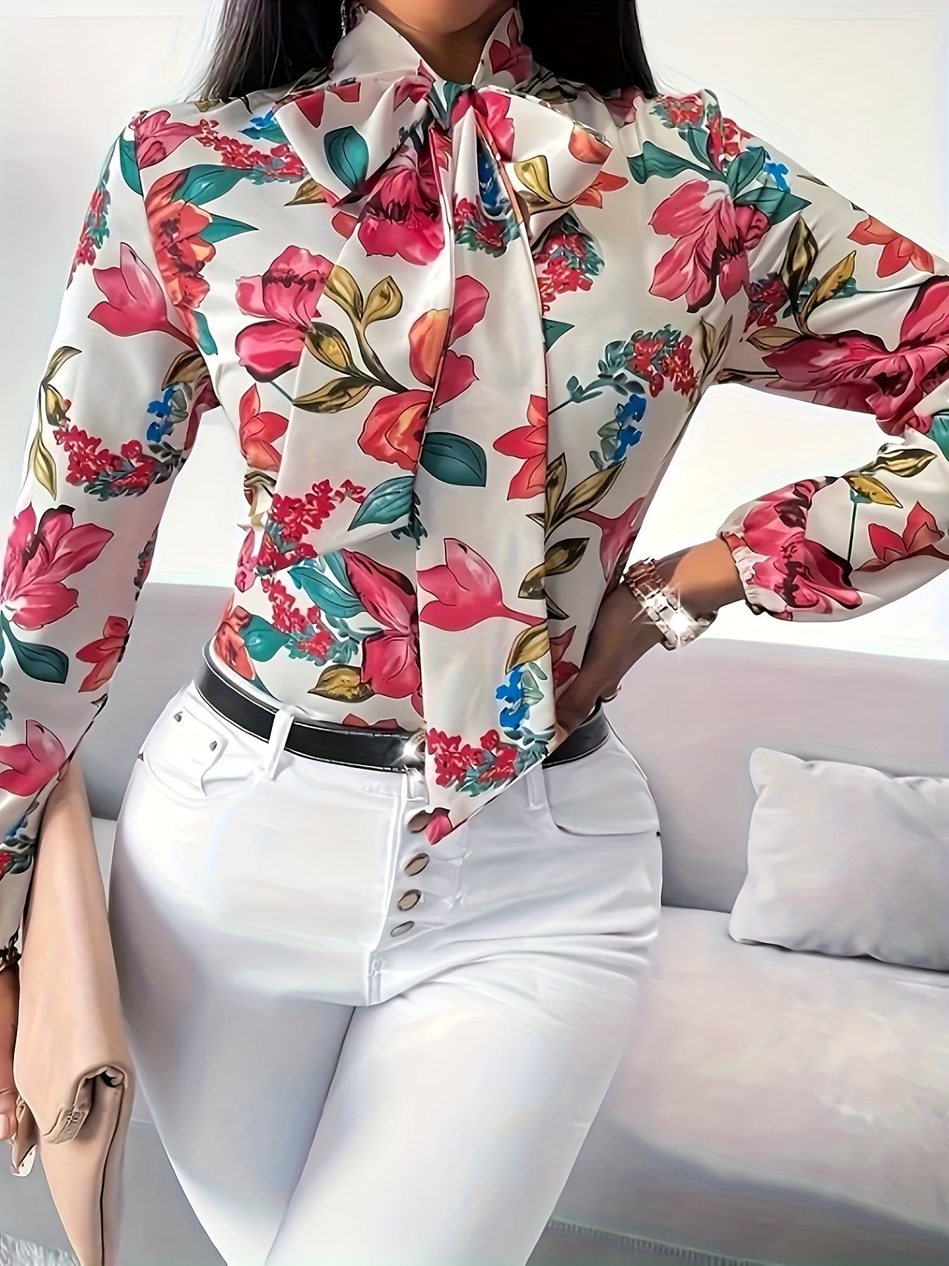 Charming Floral Print Tie Neck Blouse - Fashionable Long Sleeve for Spring & Fall - All-Season Elegance - Womens Wardrobe Staple