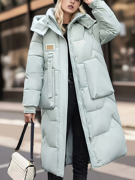 Women's Light Green Long Winter Coat - Warm Casual Padded Jacket with Zippered Pockets, Hood, and Adjustable Drawstrings for Holiday Style, Winter Clothes