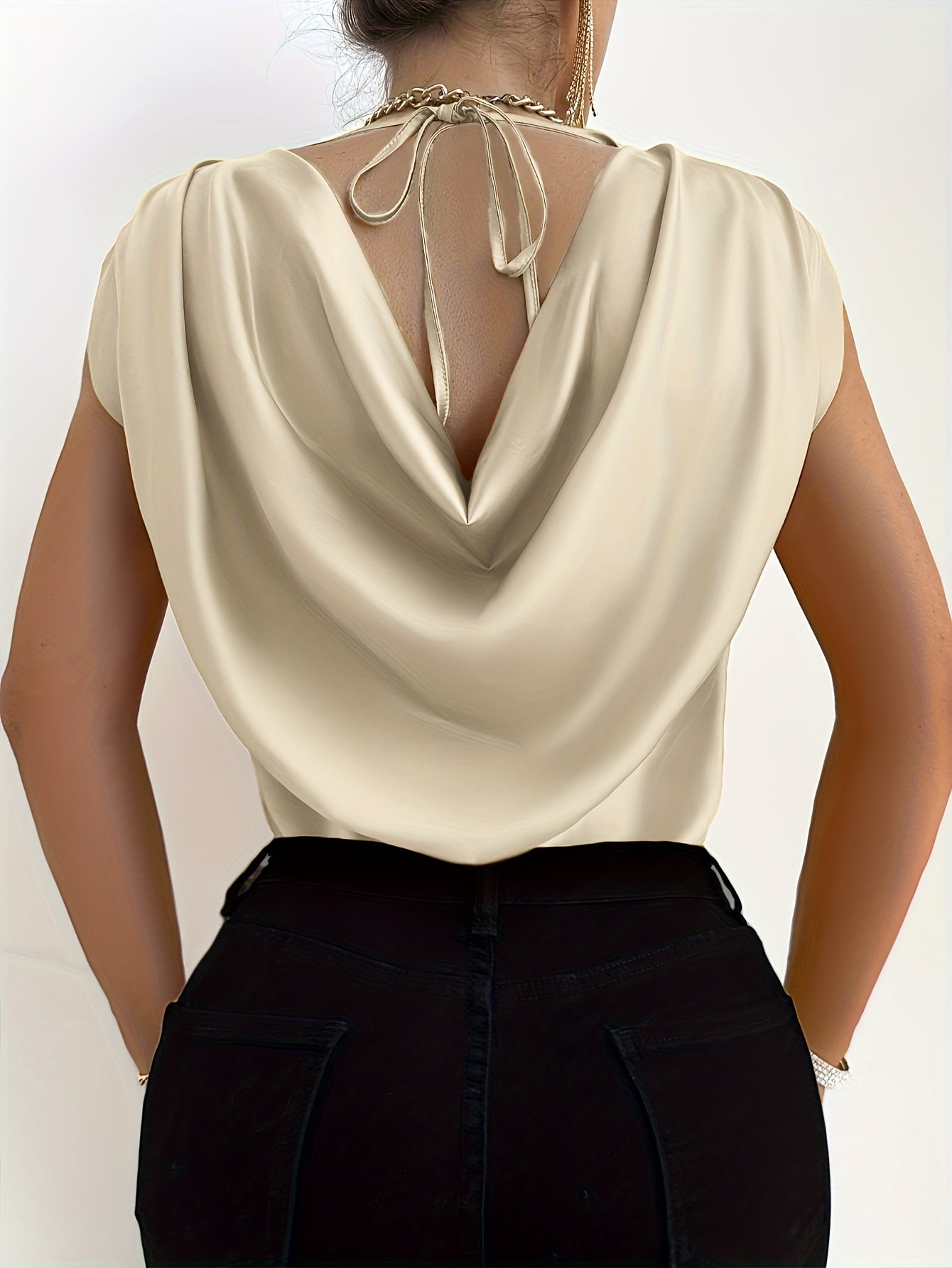 Solid Color Crew Neck Blouse, Elegant Short Sleeve Draped Tie Back Blouse For Spring & Summer, Women's Clothing