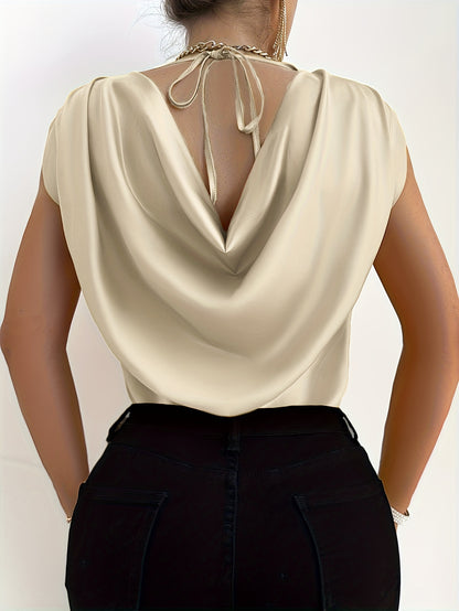 Solid Color Crew Neck Blouse, Elegant Short Sleeve Draped Tie Back Blouse For Spring & Summer, Women's Clothing