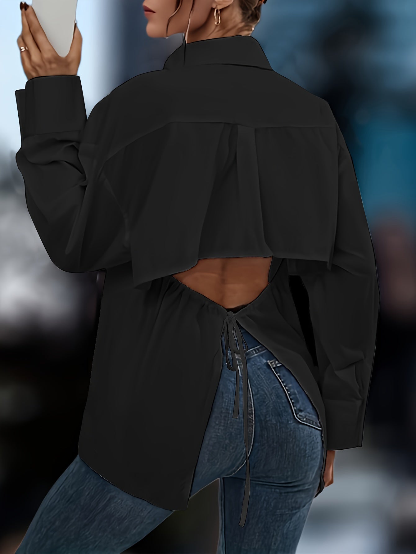 Chic Cut Out Blouse with Tied Detail - Flattering Long Sleeve Design for Spring & Fall - Versatile Womens Fashion Clothing