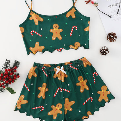 Women's Christmas Gingerbread Man Print Sexy Pajama Set Knit Polyester Loungewear with Crew Neck Cami Top and Shorts - All-Season Sleepwear