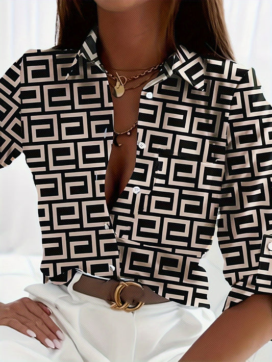 Graphic Print Button Front Blouse, Casual Long Sleeve Polo Collar Blouse For Spring & Summer, Women's Clothing