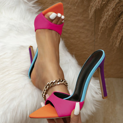 Stylish & Sexy Pointed-Toe Stiletto Slippers for Women - Vibrant Colorblock, Fabric Upper, PVC Sole, Slip-On Design for Parties and Events, Ladies Sandals