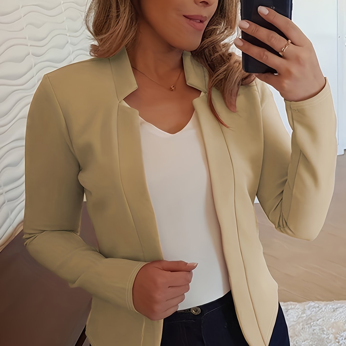 Solid Open Front Blazer, Casual Long Sleeve Blazer For Office & Work, Women's Clothing