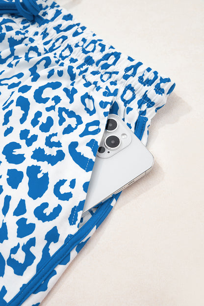 Blue Leopard Elastic Waistband Lace up Contrast Trim Casual Shorts