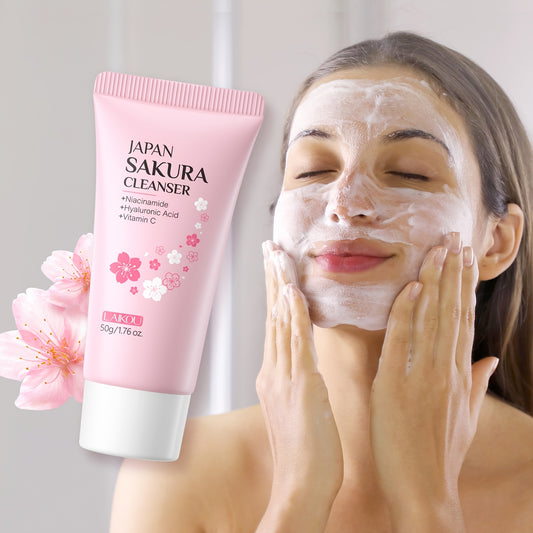 LAIKOU Sakura Facial Cleansing & Moisturizing 15pcs/Set, with 5pcs Sleeping Mask, 5pcs Lip Mask, 50g Facial Wash, 80g Facial Scrub, Cute Hairband & Cleansing Brush, Gently Clean Skin, Free Gift Of Aloe Vera Foundation, Full O