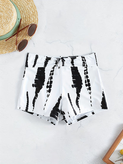 Tie Dye Pattern Drawstring Stretchy Swim Boxer Shorts, High Waisted Comfy Trendy Swimming Bottoms, Women's Swimwear & Clothing
