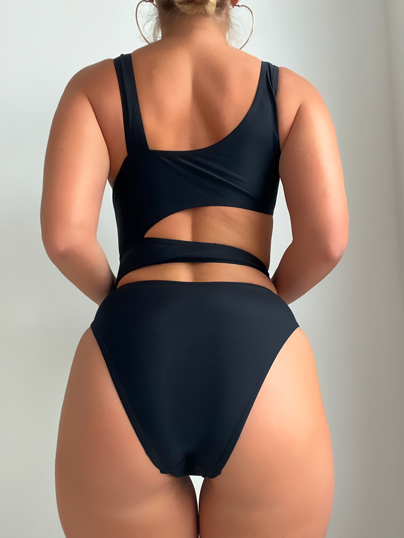 Plain Black Cut Out One-piece Swimsuit, Asymmetric High Stretch Monokini Bathing Suits, Women's Swimwear & Clothing