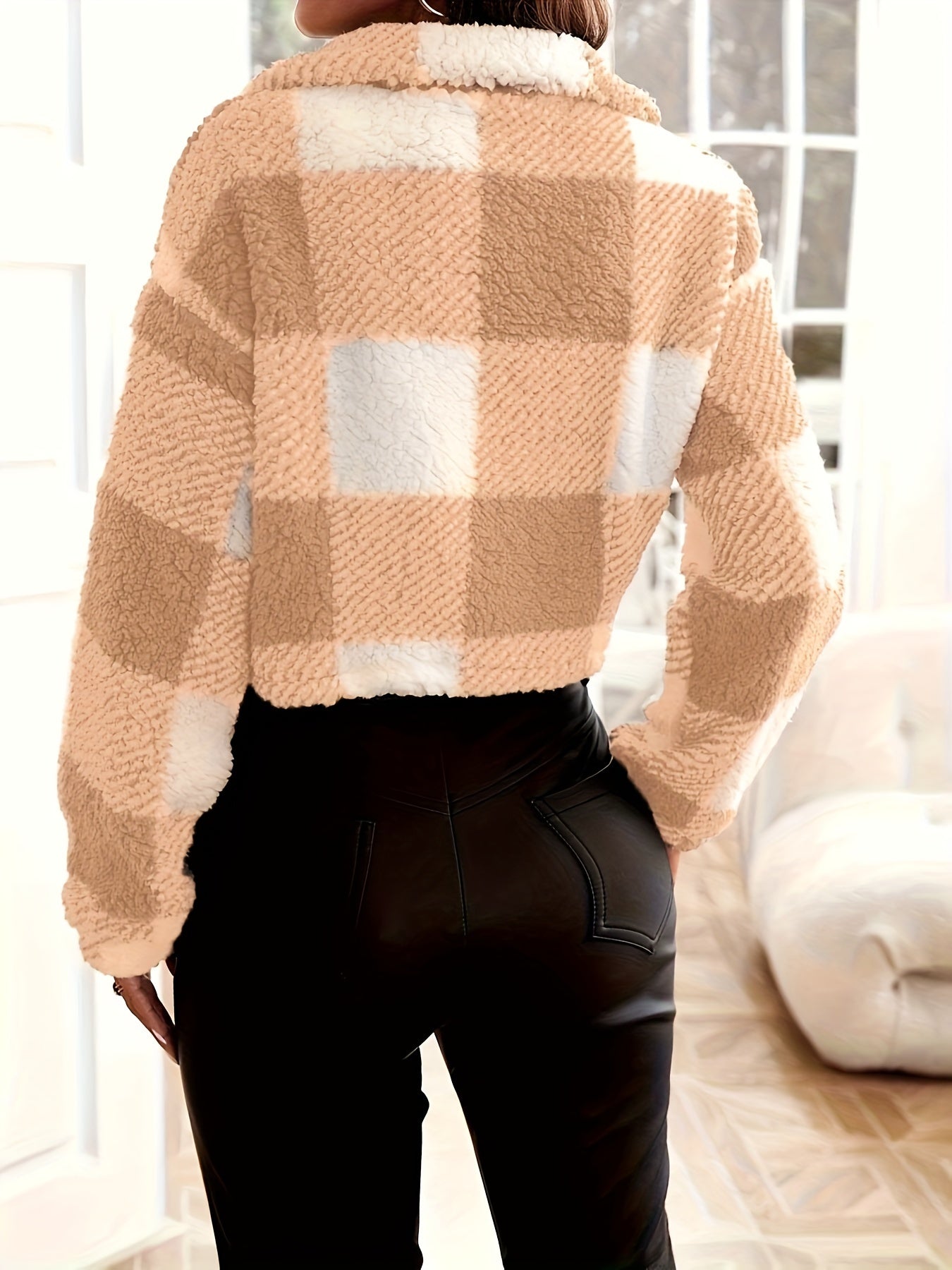 Plaid Pattern Teddy Jacket, Casual Zip Up Long Sleeve Outerwear, Women's Clothing