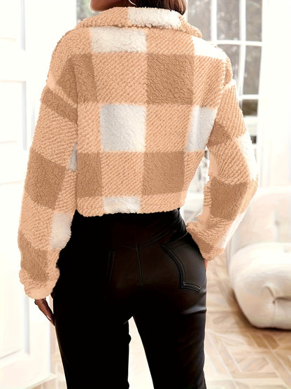 Plaid Pattern Teddy Jacket, Casual Zip Up Long Sleeve Outerwear, Women's Clothing
