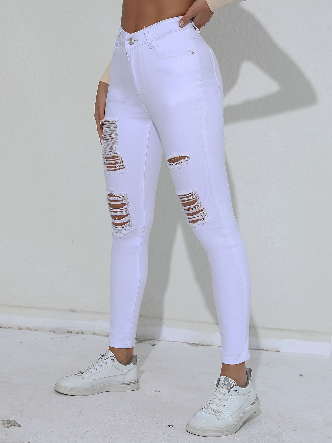 Ripped Skinny Fit Plain White Color Versatile Jeans Denim Pants, Women's Denim Jeans & Clothing