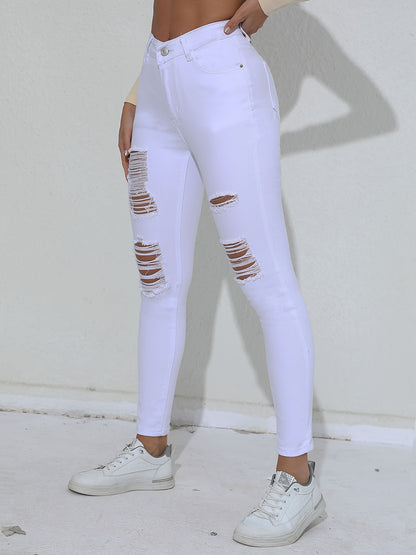 Ripped Skinny Fit Plain White Color Versatile Jeans Denim Pants, Women's Denim Jeans & Clothing