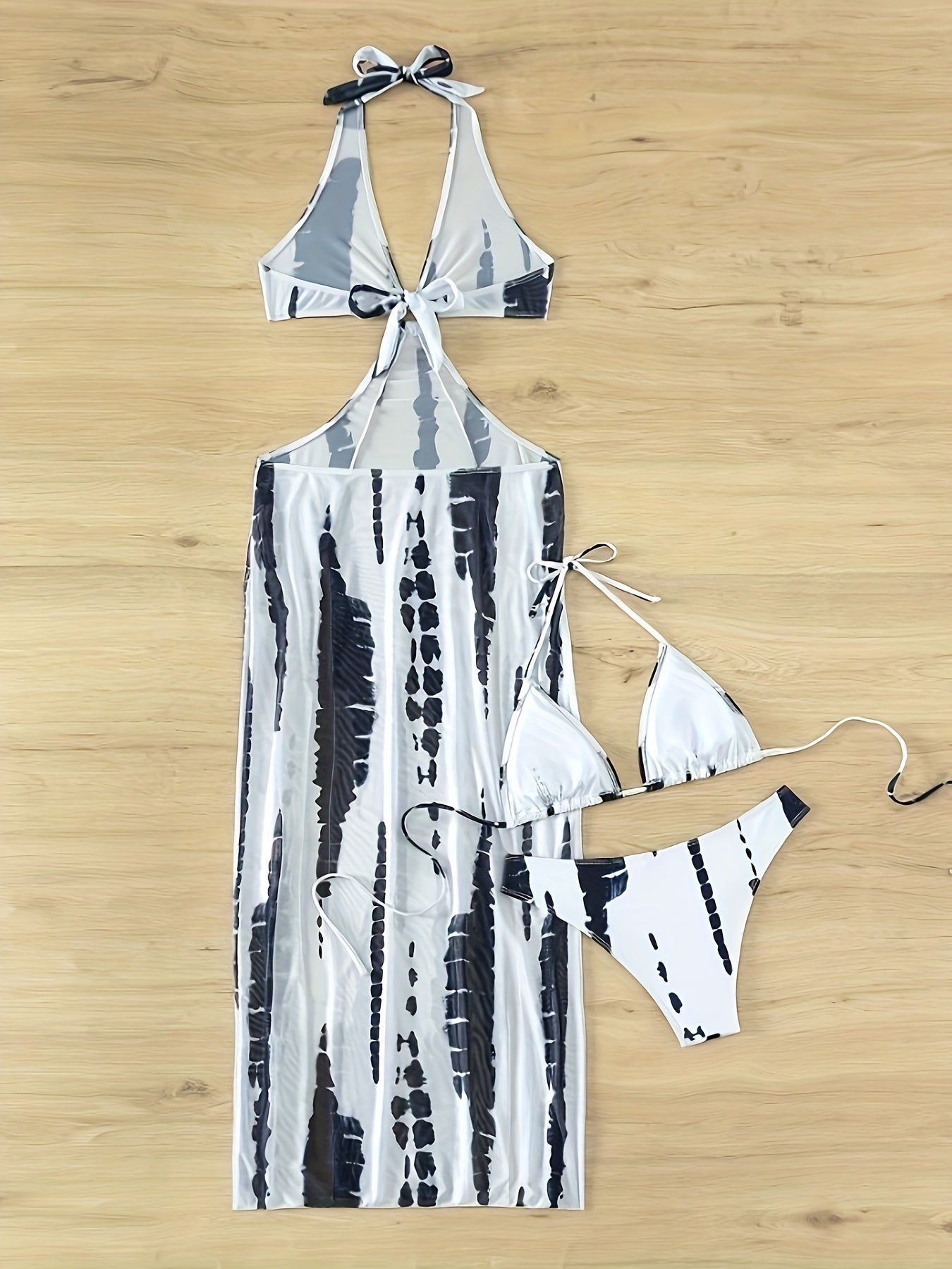 3 Piece Set Tie Dye Bikini - Halter Neck Triangle High Cut Swimsuit with Ring-Linked Mesh Cover-Up Dress - Women's Swimwear, Beachwear, and Vacation Clothing for Summer