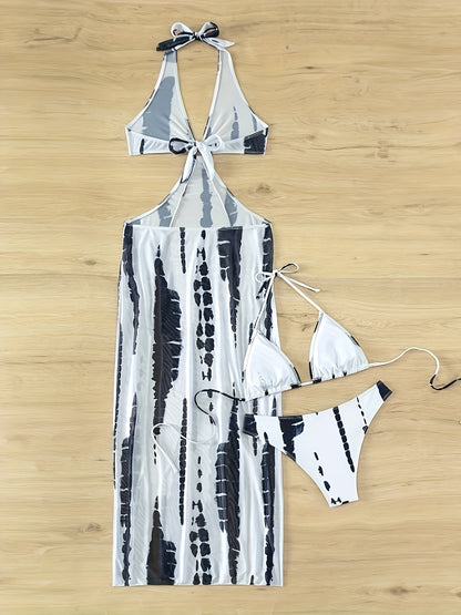 3 Piece Set Tie Dye Bikini - Halter Neck Triangle High Cut Swimsuit with Ring-Linked Mesh Cover-Up Dress - Women's Swimwear, Beachwear, and Vacation Clothing for Summer