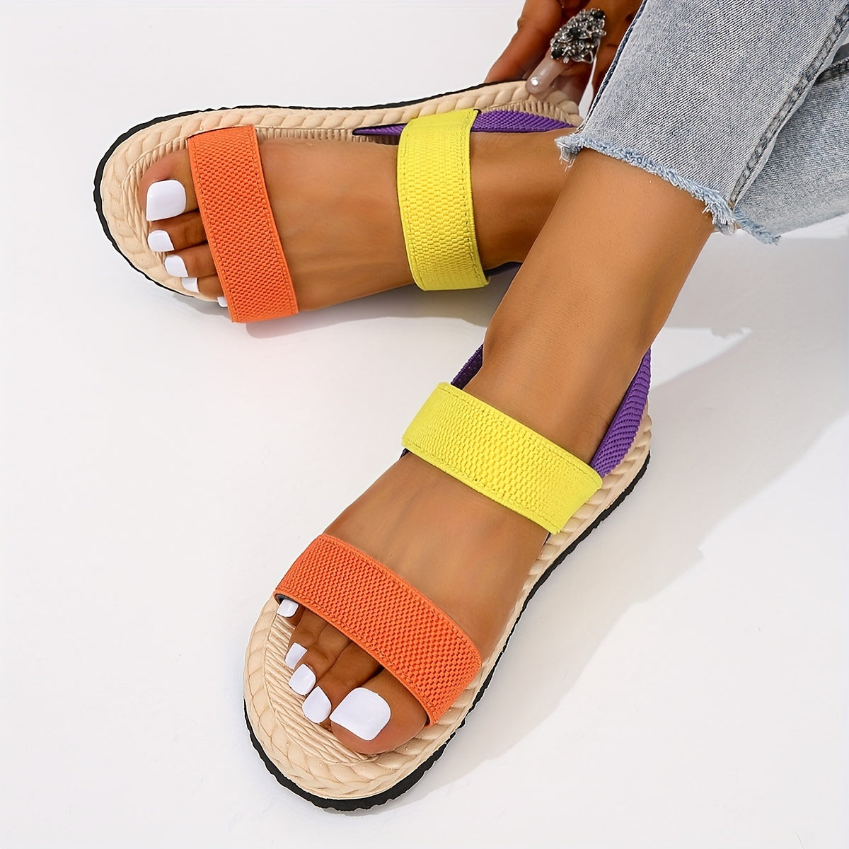 Vibrant Colorblock Flat Sandals for Women - Open Toe, Elastic Strap, Slip-On, Espadrille Sole, Beach Summer Shoes with Breathable Design and Comfortable Walking Experience