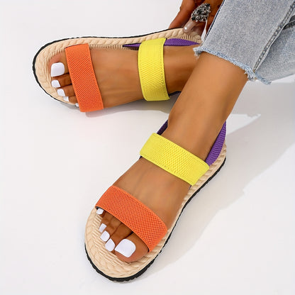 Vibrant Colorblock Flat Sandals for Women - Open Toe, Elastic Strap, Slip-On, Espadrille Sole, Beach Summer Shoes with Breathable Design and Comfortable Walking Experience