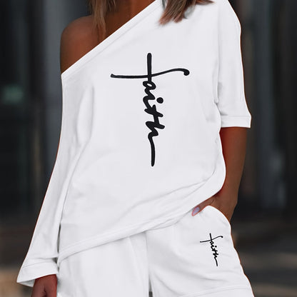 Chic Faith Printed Women's 2-Piece Set – Off-Shoulder Tee & Comfy Drawstring Shorts for Casual Wear