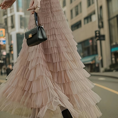 Multilayer Ruffles Tulle Skirt, Casual Fluffy Skirt For Spring & Summer, Women's Clothing