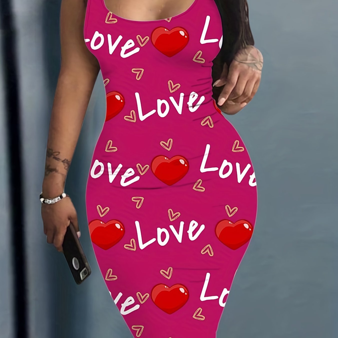 Heart & Letter Print Tank Dress, Casual Sleeveless U Neck Slim Dress, Women's Clothing