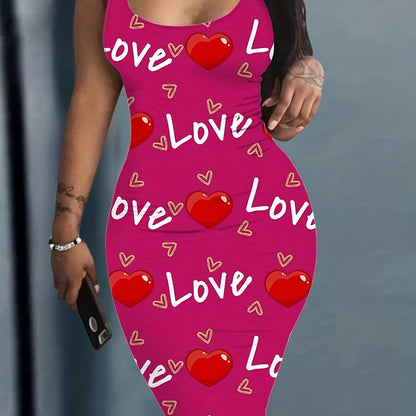 Heart & Letter Print Tank Dress, Casual Sleeveless U Neck Slim Dress, Women's Clothing