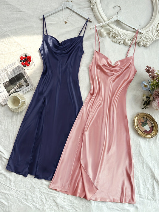 2 Pcs Women's Elegant Solid Satin Sleepwear Dress, Turtleneck Side Split Backless Midi Slip Dress, Comfortable Nightgown