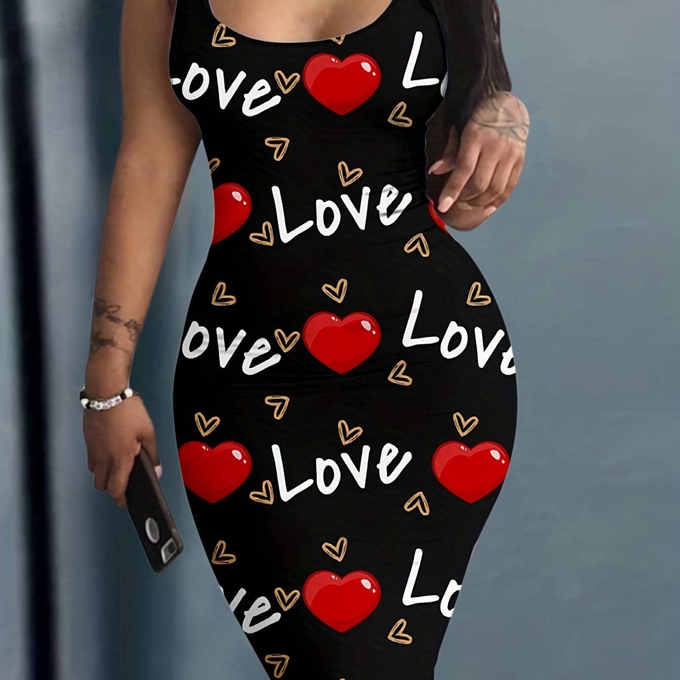 Heart & Letter Print Tank Dress, Casual Sleeveless U Neck Slim Dress, Women's Clothing