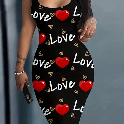 Heart & Letter Print Tank Dress, Casual Sleeveless U Neck Slim Dress, Women's Clothing