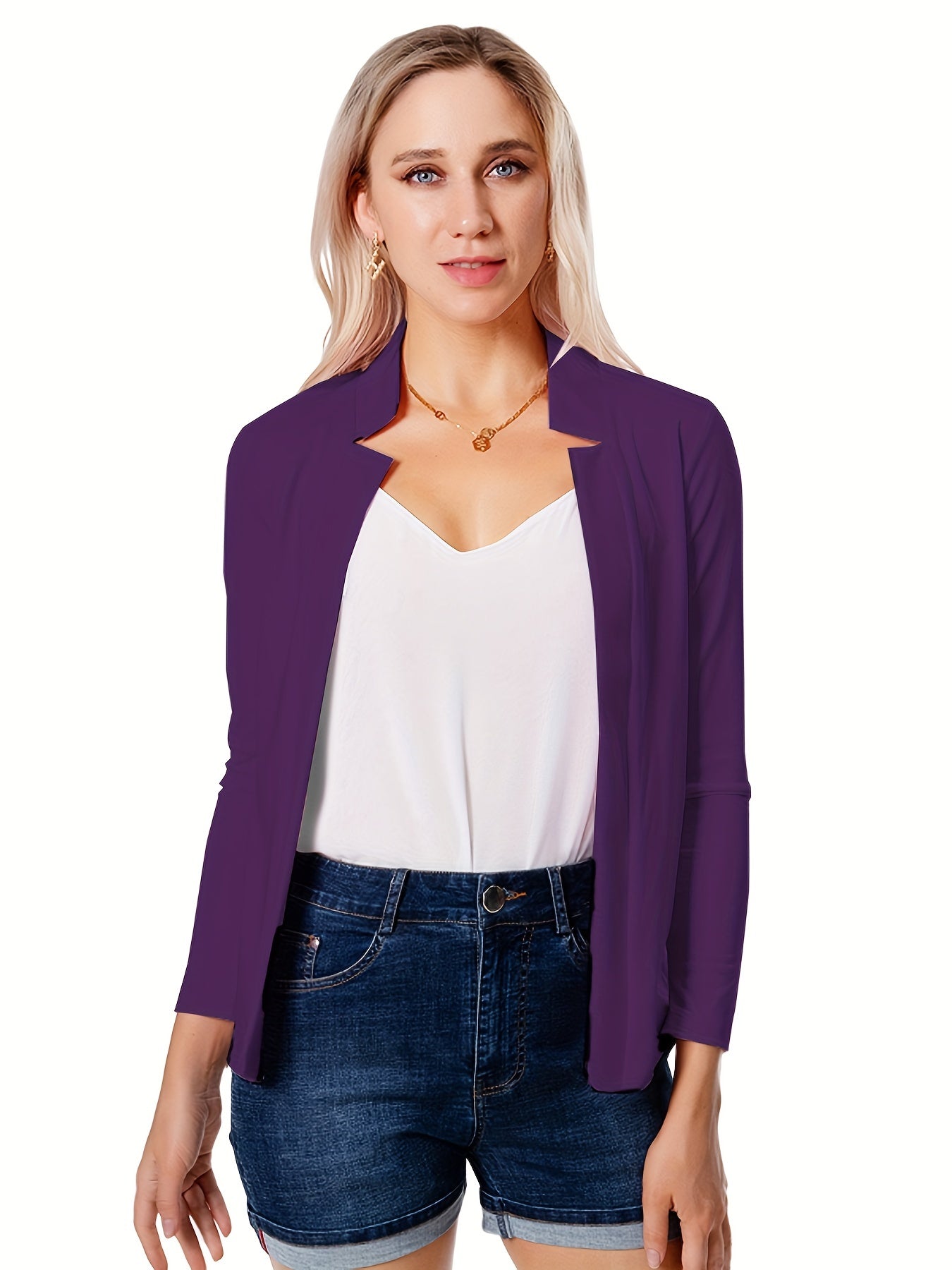 Solid Open Front Blazer, Casual Long Sleeve Blazer For Office & Work, Women's Clothing
