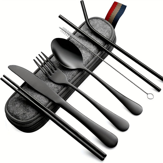 8pcs Portable Utensils, Travel Camping Cutlery Set, Knife Fork Spoon Chopsticks Cleaning Brush Straws Portable Case, Stainless Steel Flatware Set